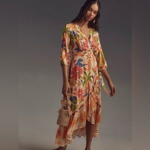 FARM Rio x Anthropologie Long Sleeve V-Neck Wrap Dress